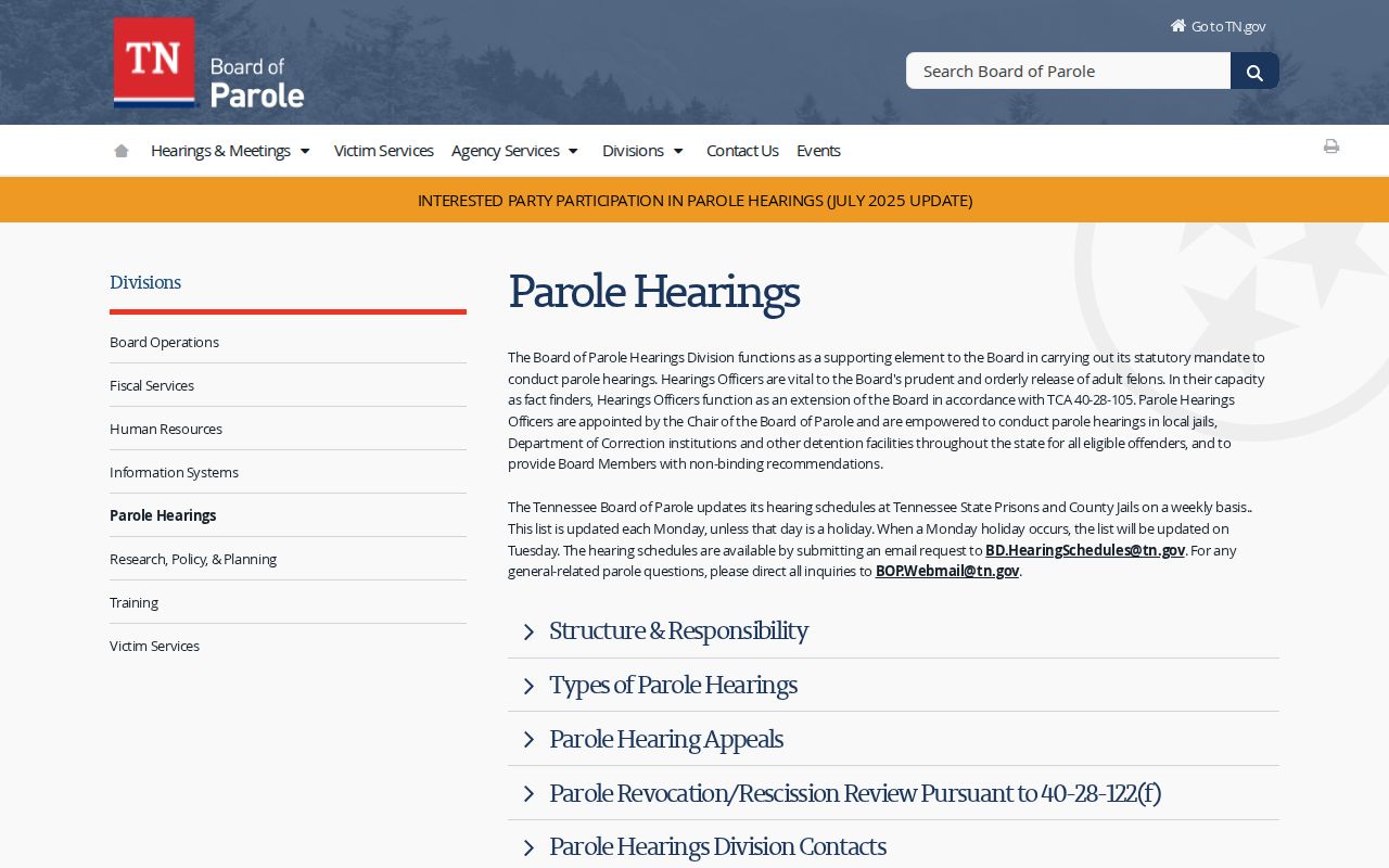 Tennessee Board of Parole hearing schedule instructions for Decatur County parole records
