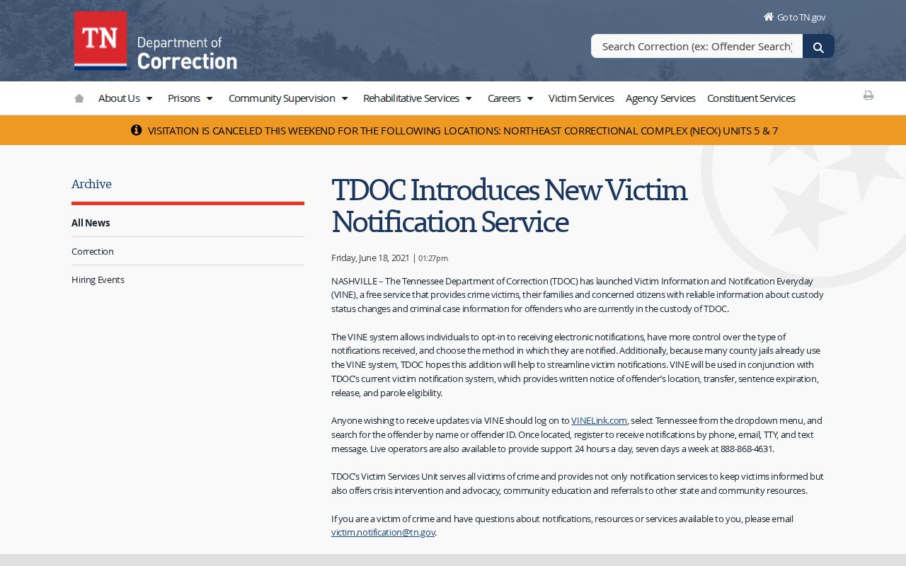 Official Tennessee VINE instructions for Decatur County release alerts